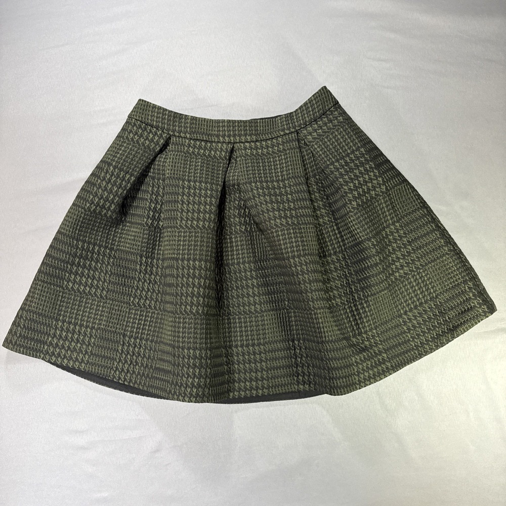 Express Houndstooth Skirt 4 Olive Green Black Pleated Flare Mini Dark Academia